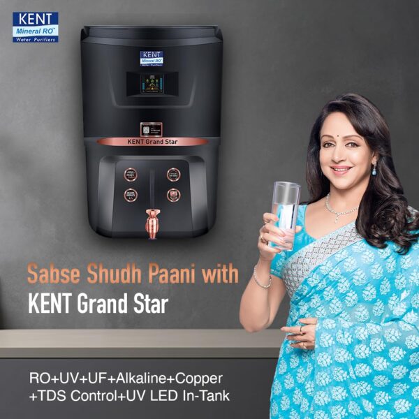 KENT Grand Star RO Water Purifier | RO+UV+UF+TDS Control+Alkaline+Copper+UV in Tank |.0001 Micron RO Membrane | Auto Flush Feature | 9L Tank | 20 LPH | Ideal For Borewell/Tanker/Municipal Water |Black - Image 4