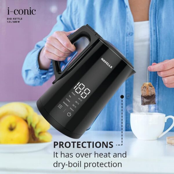 Havells I-Conic 1.5 Litre Digi Kettle With Double Wall And 304 Stainless Steel Tank (Black),1600 Watts - Image 4