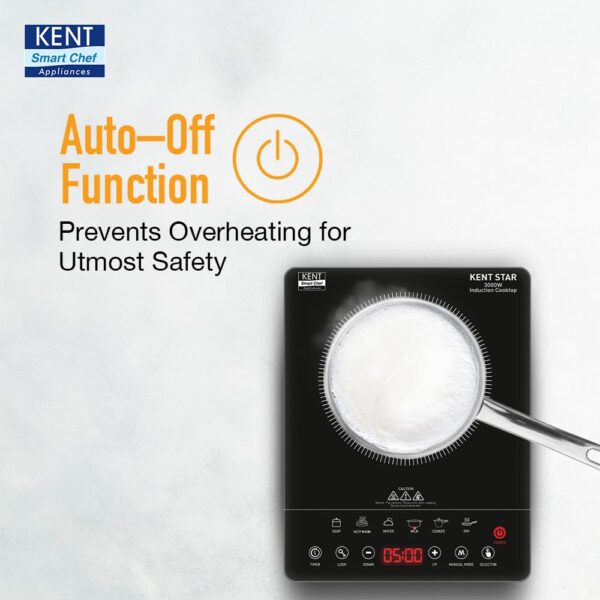 KENT Star Induction Cooktop 3000W | 6 Preset Menu | Full Microcrystalline Glass |Feather Touch Buttons & LED Display |Milk Boiling & Turbo Cooking Function | Overheat Protection & Auto Turn-Off| Black - Image 4