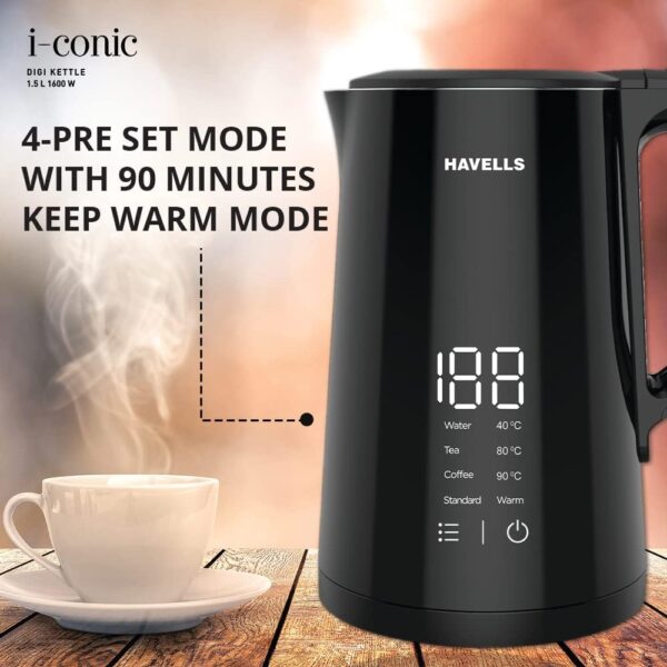 Havells I-Conic 1.5 Litre Digi Kettle With Double Wall And 304 Stainless Steel Tank (Black),1600 Watts - Image 5