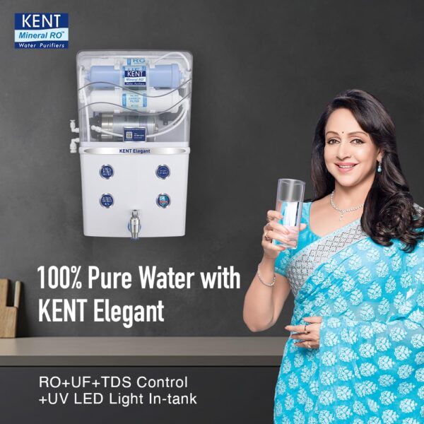 KENT Elegant RO Water Purifier | 4 Years Free Service | ISI Marked | Multiple Purification Process | RO + UF + TDS Control + UV LED Tank | 8L Tank | 15 LPH Flow | White - Image 3