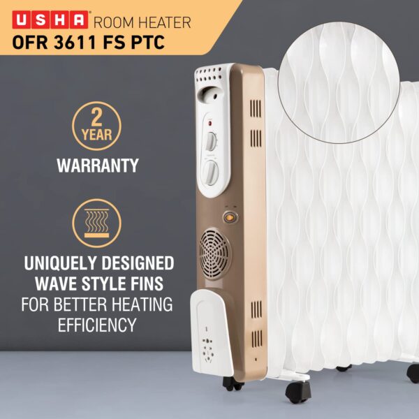 USHA 3611FS PTC 2500-Watt Oil Filled Radiator (White) - Image 2