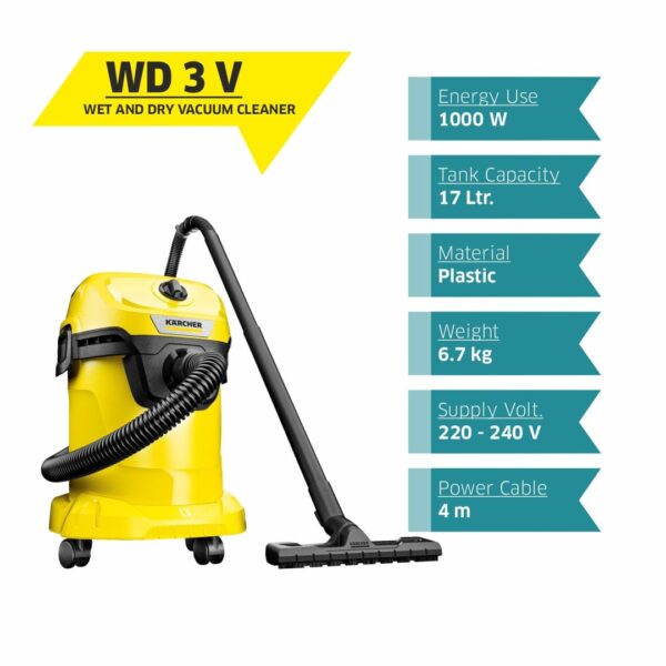 KARCHER WD 3V | Wet & Dry Vacuum Cleaner | 1000W | 17L Tank | Durable Plastic Body | Blower Function | Fleece Filter Bag | Home, Car & Furniture Cleaning | German Tech - Image 3