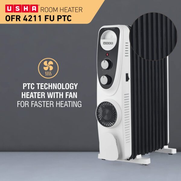 USHA 4213 FU PTC U Shaped 13 Fin Oil Filled Radiator Room Heater (Black),2400 Watts - Image 2