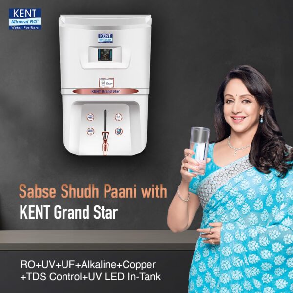 KENT Grand Star RO Water Purifier | RO+UV+UF+Alkaline+Copper+TDS Control+UV LED Tank | .0001 Micron RO Membrane | Auto Flush Feature | 9L Tank | 20 LPH | Ideal for Borewell/Tanker/Municipal Water - Image 6