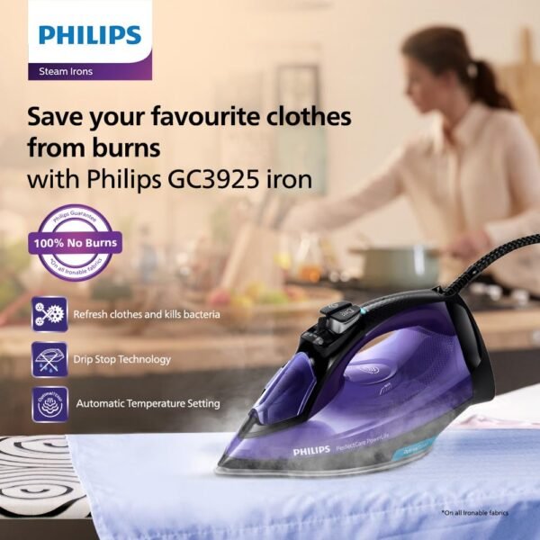 PHILIPS Plastic Perfect Care Power Life Steam Iron Gc3925/34,2400 Watts Up To 45 G/Min Steam Output,Optitemp Technology,Steam Glide Plus Soleplate,Drip-Stop And Shut-Off With No-Burns Guaranteed - Image 2