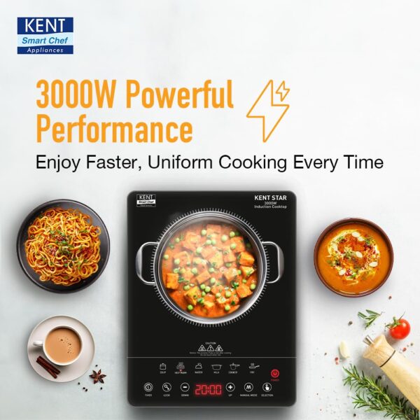 KENT Star Induction Cooktop 3000W | 6 Preset Menu | Full Microcrystalline Glass |Feather Touch Buttons & LED Display |Milk Boiling & Turbo Cooking Function | Overheat Protection & Auto Turn-Off| Black - Image 3