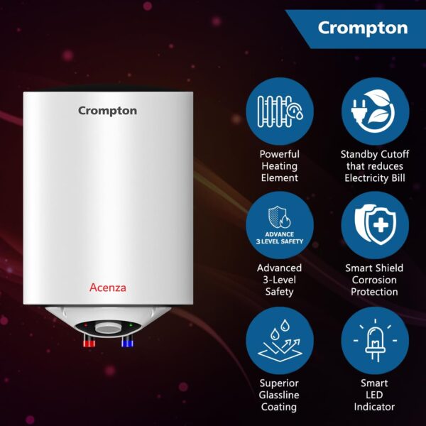 Crompton Acenza 15L Storage Water Heater (Geyser) with Superior Glassline Coating, 8 Bar pressure rating and 5yr Tank warranty, Wall Mounting - Image 6