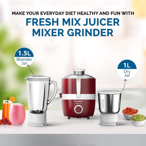 Cromptons Fresh-MIX, Juicer Mixer Grinder (2 Jars, High grade Stainless Steel mesh, unbreakable polycarbonate jar lids) - Image 4