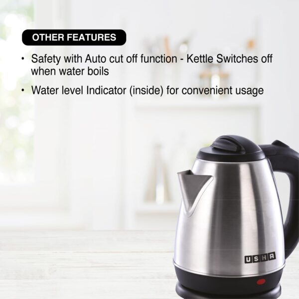 Usha Electric Kettle 1200 Watts | 1.5 Litres| Cool touch handle | Wider Mouth | Food-grade stainless steel | Safety with auto cut-off function (Silver & Black) - Image 3