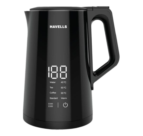 Havells I-Conic 1.5 Litre Digi Kettle With Double Wall And 304 Stainless Steel Tank (Black),1600 Watts