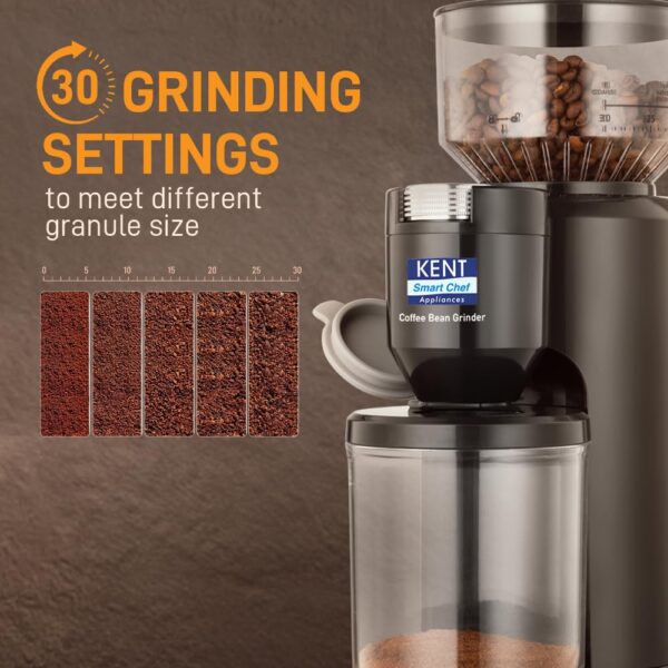 KENT Coffee Bean Grinder 150 W | Burr Grinding System Maintains Flavour & Aroma | 30 Adjustable Grinding Settings | Choice of 2 to 14 Cups of Fresh Grounded Coffee | 500 RPM 100% Copper Motor | Black - Image 6