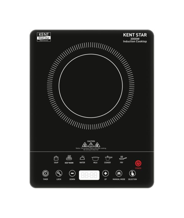 KENT Star Induction Cooktop 3000W | 6 Preset Menu | Full Microcrystalline Glass |Feather Touch Buttons & LED Display |Milk Boiling & Turbo Cooking Function | Overheat Protection & Auto Turn-Off| Black - Image 8