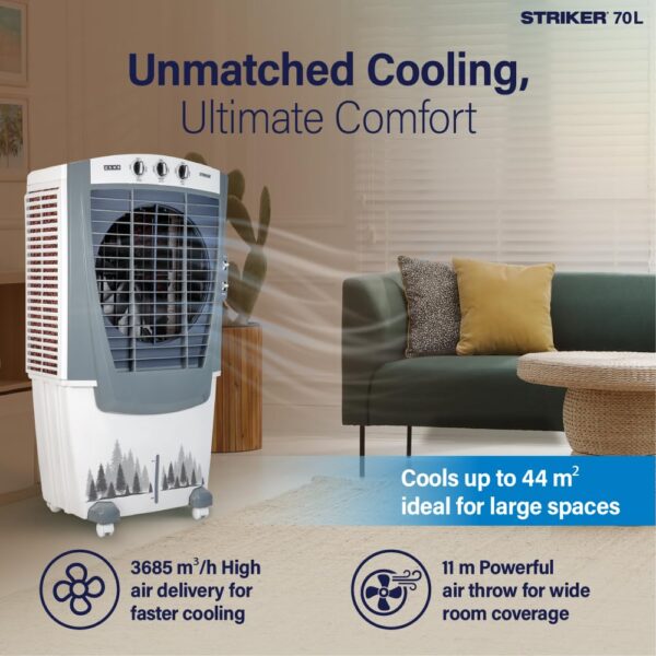 USHA Striker 70SD1 Desert Air Cooler for Home with Powerful Airflow, 3-Side Honeycomb Pads, 11m Air Throw & Inverter Compatibility (70L, White) - Image 4