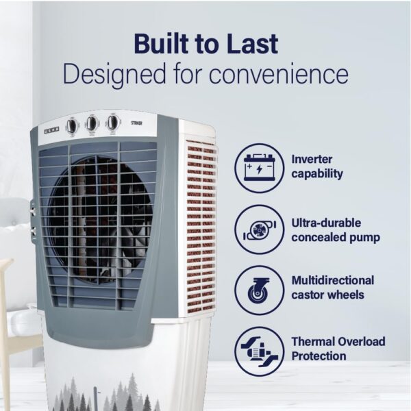 USHA Striker 70SD1 Desert Air Cooler for Home with Powerful Airflow, 3-Side Honeycomb Pads, 11m Air Throw & Inverter Compatibility (70L, White) - Image 5