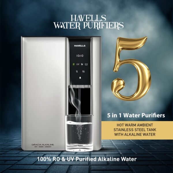 Havells Gracia Alkaline Water Purifier | RO+UV+Alkaline | Free Unlimited Service Visits for 1 Yr | Hot, Warm & Ambient Water | 10 Stage Purifier | 7.6 L SS Tank | For Borewell, Tanker, Municipal Water - Image 3