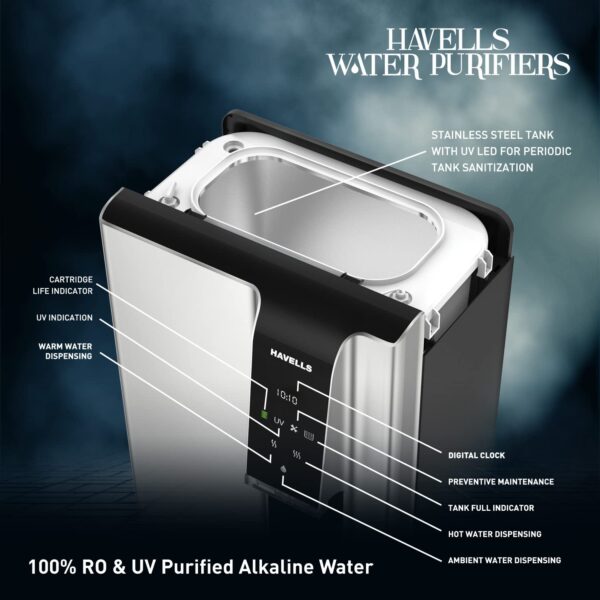 Havells Gracia Alkaline Water Purifier | RO+UV+Alkaline | Free Unlimited Service Visits for 1 Yr | Hot, Warm & Ambient Water | 10 Stage Purifier | 7.6 L SS Tank | For Borewell, Tanker, Municipal Water - Image 4