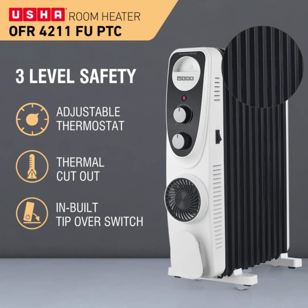 USHA 4213 FU PTC U Shaped 13 Fin Oil Filled Radiator Room Heater (Black),2400 Watts - Image 4