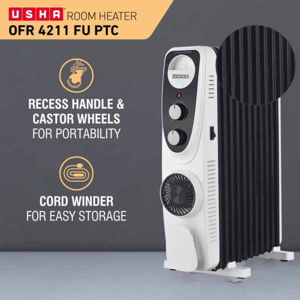 USHA 4213 FU PTC U Shaped 13 Fin Oil Filled Radiator Room Heater (Black),2400 Watts - Image 7