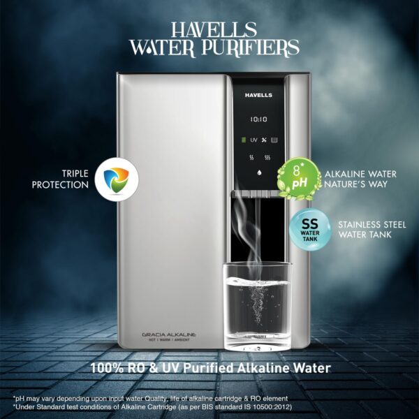 Havells Gracia Alkaline Water Purifier | RO+UV+Alkaline | Free Unlimited Service Visits for 1 Yr | Hot, Warm & Ambient Water | 10 Stage Purifier | 7.6 L SS Tank | For Borewell, Tanker, Municipal Water - Image 9