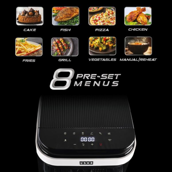 Usha iChef Smart Air Fryer 5.5L | 1200 Watt | 10 in 1 Functions | 8 Preset Menu | Turbo Air Circulation |360° View | Illuminated chamber | Oil Free Cooking | Digital display With Touch Panel (White) - Image 4
