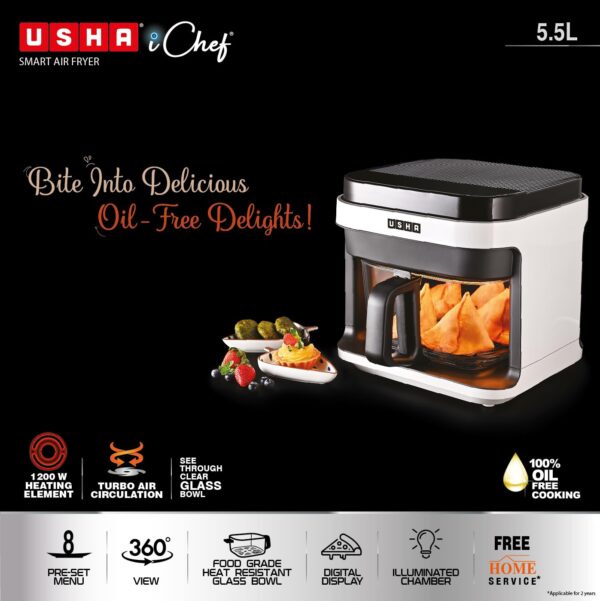 Usha iChef Smart Air Fryer 5.5L | 1200 Watt | 10 in 1 Functions | 8 Preset Menu | Turbo Air Circulation |360° View | Illuminated chamber | Oil Free Cooking | Digital display With Touch Panel (White) - Image 5