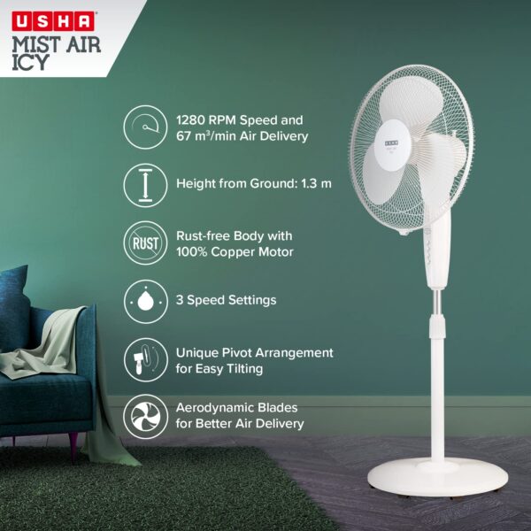 USHA Mist Air ICY 3 Blade 400MM Pedestal Fan White - Image 4