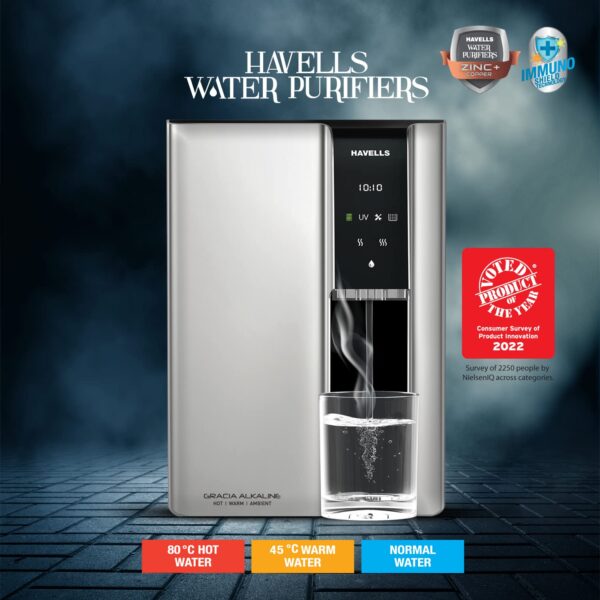 Havells Gracia Alkaline Water Purifier | RO+UV+Alkaline | Free Unlimited Service Visits for 1 Yr | Hot, Warm & Ambient Water | 10 Stage Purifier | 7.6 L SS Tank | For Borewell, Tanker, Municipal Water - Image 2