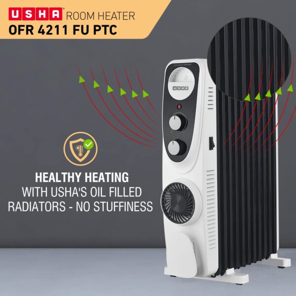 USHA 4213 FU PTC U Shaped 13 Fin Oil Filled Radiator Room Heater (Black),2400 Watts - Image 3