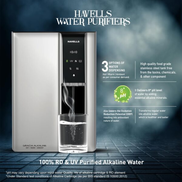 Havells Gracia Alkaline Water Purifier | RO+UV+Alkaline | Free Unlimited Service Visits for 1 Yr | Hot, Warm & Ambient Water | 10 Stage Purifier | 7.6 L SS Tank | For Borewell, Tanker, Municipal Water - Image 6