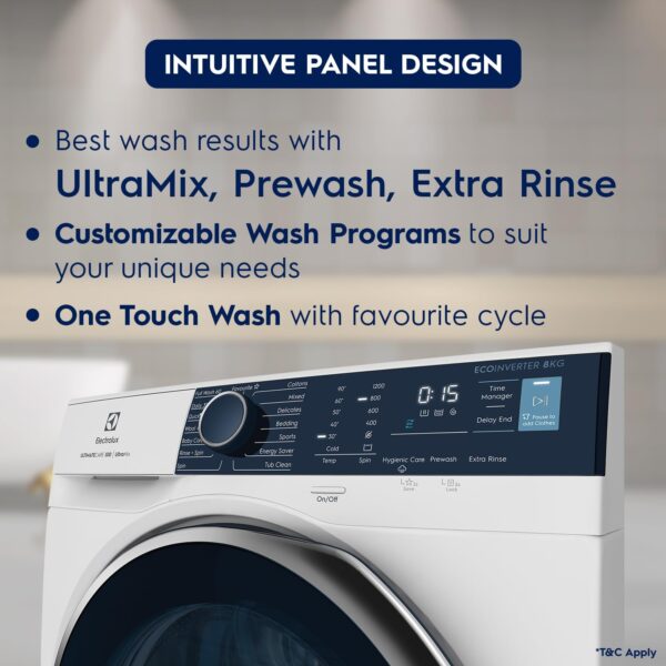 Electrolux 8kg 5 Star Fully Automatic Front Load Washing Machine with UltraMix, Full Load Vapour Wash for Sustainable Clothing, Hygienic Care, EcoInverter, White, UltimateCare 500, EWF8024R5WB - Image 3