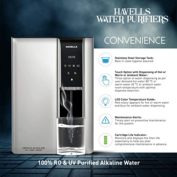Havells Gracia Alkaline Water Purifier | RO+UV+Alkaline | Free Unlimited Service Visits for 1 Yr | Hot, Warm & Ambient Water | 10 Stage Purifier | 7.6 L SS Tank | For Borewell, Tanker, Municipal Water - Image 7