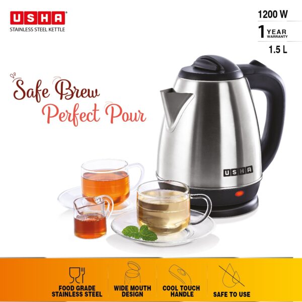 Usha Electric Kettle 1200 Watts | 1.5 Litres| Cool touch handle | Wider Mouth | Food-grade stainless steel | Safety with auto cut-off function (Silver & Black) - Image 6