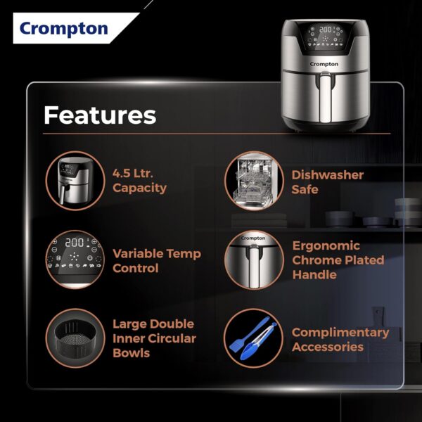 Crompton NourisPro DG 4.5 Ltr Digital Air Fryer with Quick Fry Technology | 1500 Watts | Double Inner Bowl for Easy Cleaning | 8 Indian Preset Menus | Free Accessories - Image 3