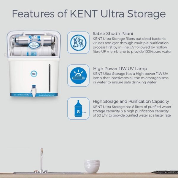 KENT ULTRA STORAGE 8 L UV + UF Water Purifier Suitable for Tap | Municipal water  (Blue) - Image 3