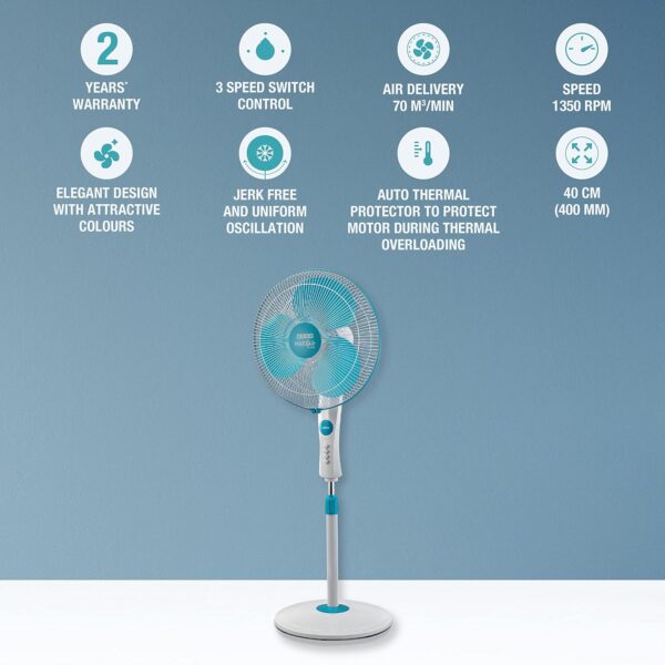 USHA Maxx Air Ultra Pedestal Fan | 400MM Sweep Size | 1350 RPM | Aerodynamic Blade Design for High Air Delivery | Anti - Rust Protection | Copper Motor | Light Blue - Image 2
