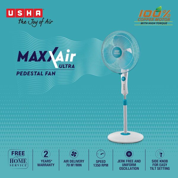 USHA Maxx Air Ultra Pedestal Fan | 400MM Sweep Size | 1350 RPM | Aerodynamic Blade Design for High Air Delivery | Anti - Rust Protection | Copper Motor | Light Blue - Image 3