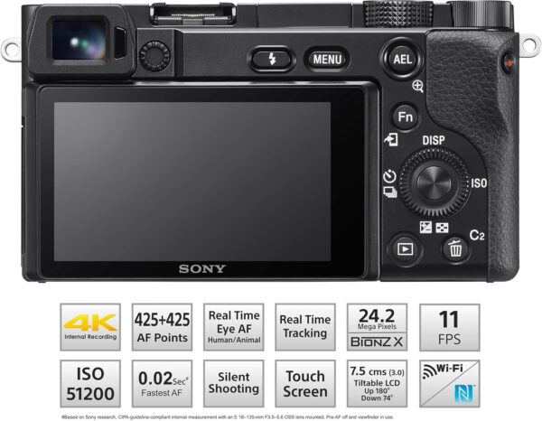 Sony New Alpha ILCE-6100K (Previously ILCE-6100L) with Upgraded SELP1650 (Ver 2) Power Zoom Lens | 24.2 MP | APS-C Sensor | Fast Auto Focus | 4K Vlogging Camera | Tiltable LCD – Black - Image 7