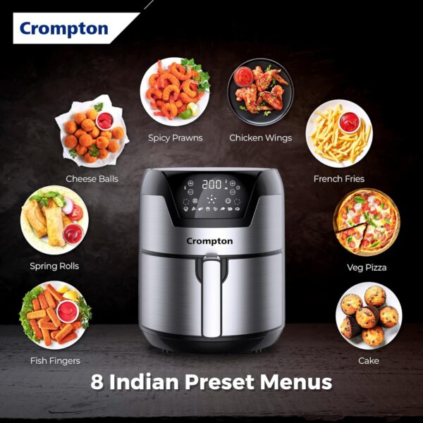 Crompton NourisPro DG 4.5 Ltr Digital Air Fryer with Quick Fry Technology | 1500 Watts | Double Inner Bowl for Easy Cleaning | 8 Indian Preset Menus | Free Accessories - Image 5