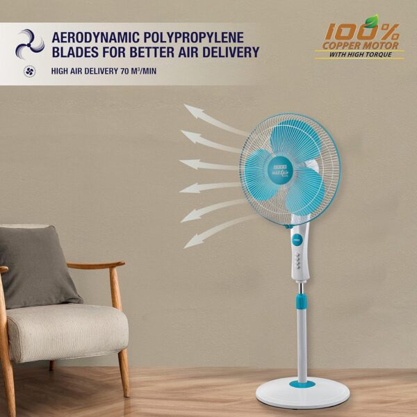 USHA Maxx Air Ultra Pedestal Fan | 400MM Sweep Size | 1350 RPM | Aerodynamic Blade Design for High Air Delivery | Anti - Rust Protection | Copper Motor | Light Blue - Image 4