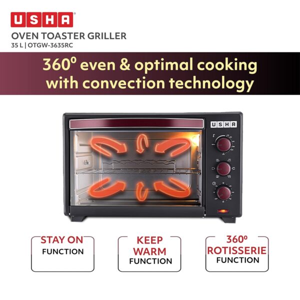 USHA 3635Rc 35L Oven Toaster Grill With Rotisserie And Convection For 360 Degree Even Cooking, 6 Mode Heating Function(Wine & Matte Black), 1600 Watts, 35 liter - Image 3