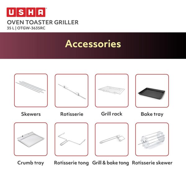 USHA 3635Rc 35L Oven Toaster Grill With Rotisserie And Convection For 360 Degree Even Cooking, 6 Mode Heating Function(Wine & Matte Black), 1600 Watts, 35 liter - Image 6