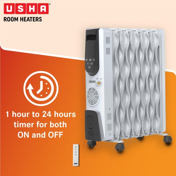 Usha OFR 13 Fin 4313 FSE PTC Room Heater with Fan Heater and Remote Control (White, Oil Filled Radiator) - Image 3