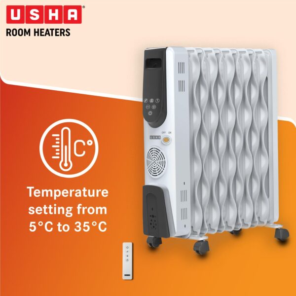 Usha OFR 9 Fin 4309 FSE PTC Room Heater with Fan Heater and Remote Control (White, Oil Filled Radiator) - Image 2