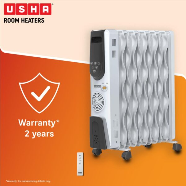 Usha OFR 9 Fin 4309 FSE PTC Room Heater with Fan Heater and Remote Control (White, Oil Filled Radiator) - Image 3
