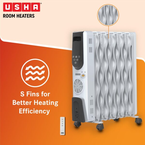Usha OFR 9 Fin 4309 FSE PTC Room Heater with Fan Heater and Remote Control (White, Oil Filled Radiator) - Image 4