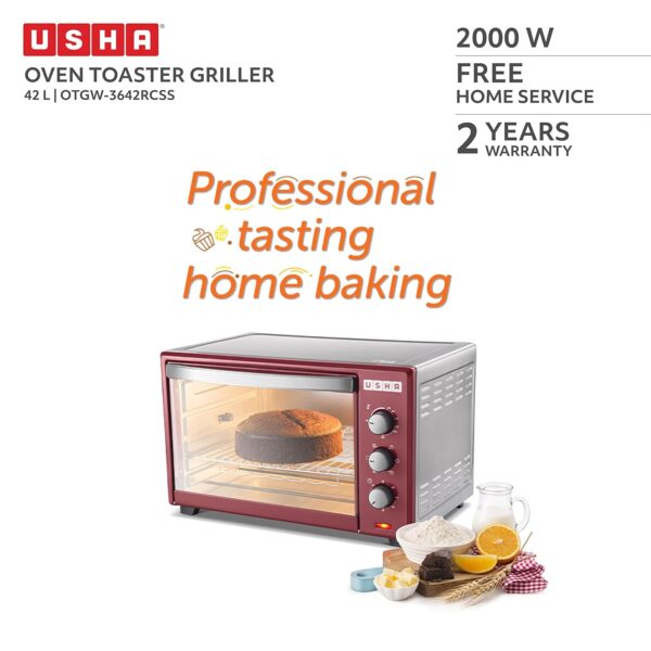 USHA 3642Rcss 42 Liters Oven Toaster Grill With Rotisserie And Convection, 2000 Watts, 6 Mode Heating Function (Stainless Steel & Wine) - Image 3