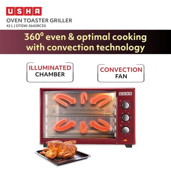 USHA 3642Rcss 42 Liters Oven Toaster Grill With Rotisserie And Convection, 2000 Watts, 6 Mode Heating Function (Stainless Steel & Wine) - Image 4