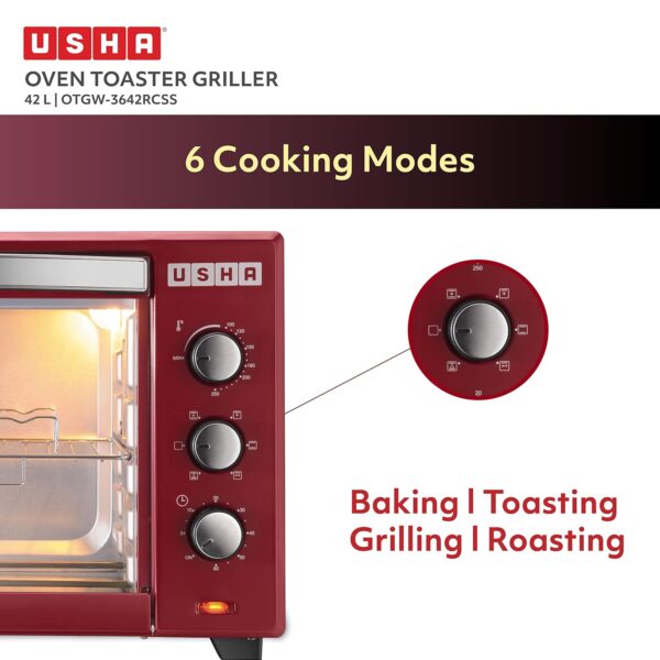 USHA 3642Rcss 42 Liters Oven Toaster Grill With Rotisserie And Convection, 2000 Watts, 6 Mode Heating Function (Stainless Steel & Wine) - Image 5