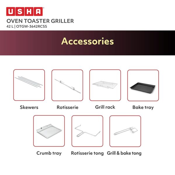 USHA 3642Rcss 42 Liters Oven Toaster Grill With Rotisserie And Convection, 2000 Watts, 6 Mode Heating Function (Stainless Steel & Wine) - Image 7